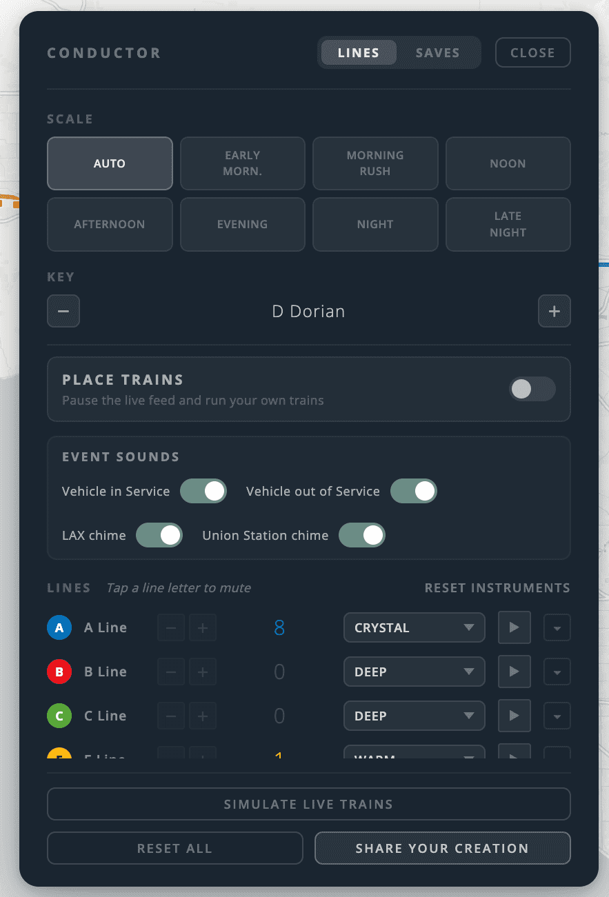 The Conductor control panel for choosing a musical key, a time-of-day scale, event sounds and an instrument for each line.