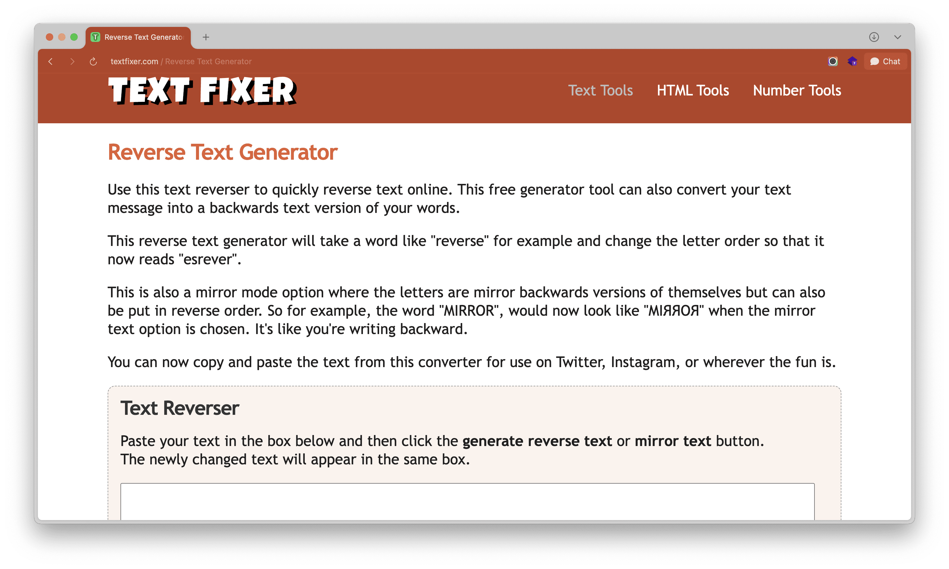 Reverse Text Generator interface