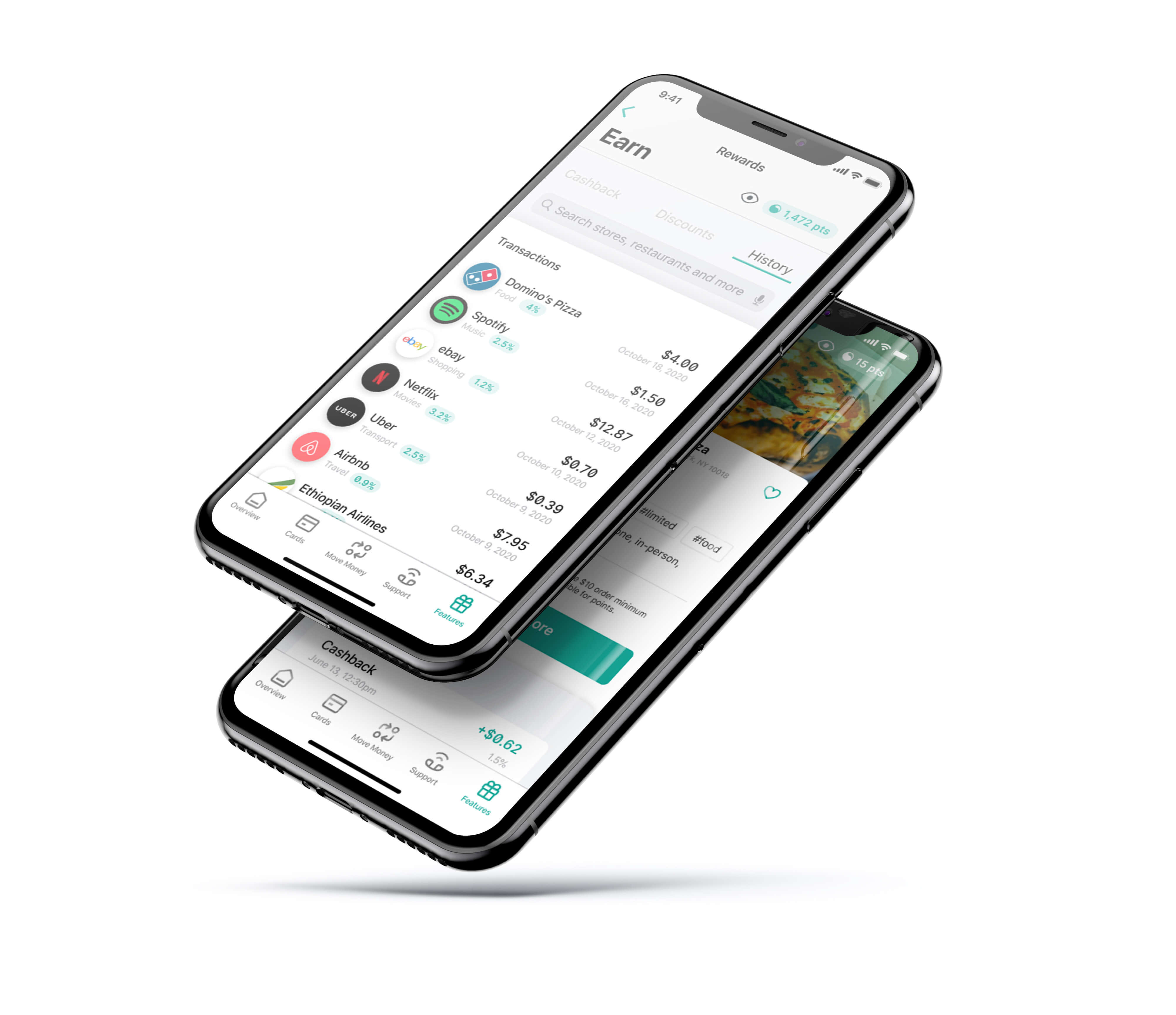 Two phones showing a history of rewards earned