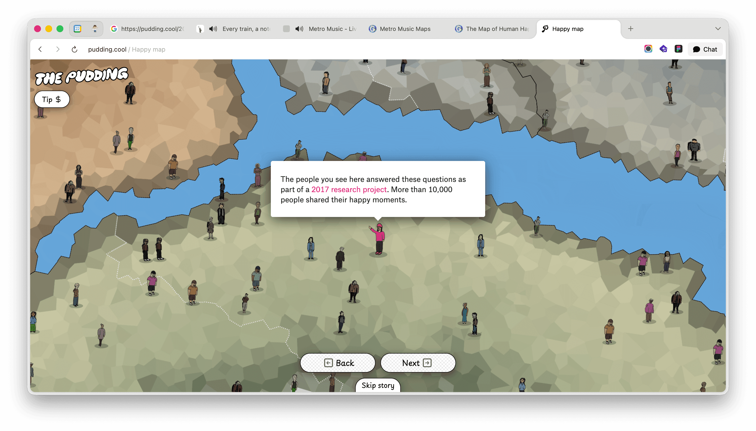 The Pudding's Happy Map, a fantasy landscape dotted with illustrated people, explaining it is built from a 2017 study of 10,000 happy moments.