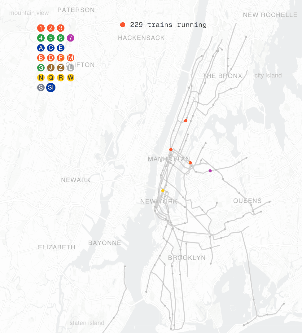 Train Jazz showing the New York subway as a grey map with coloured dots for live trains.
