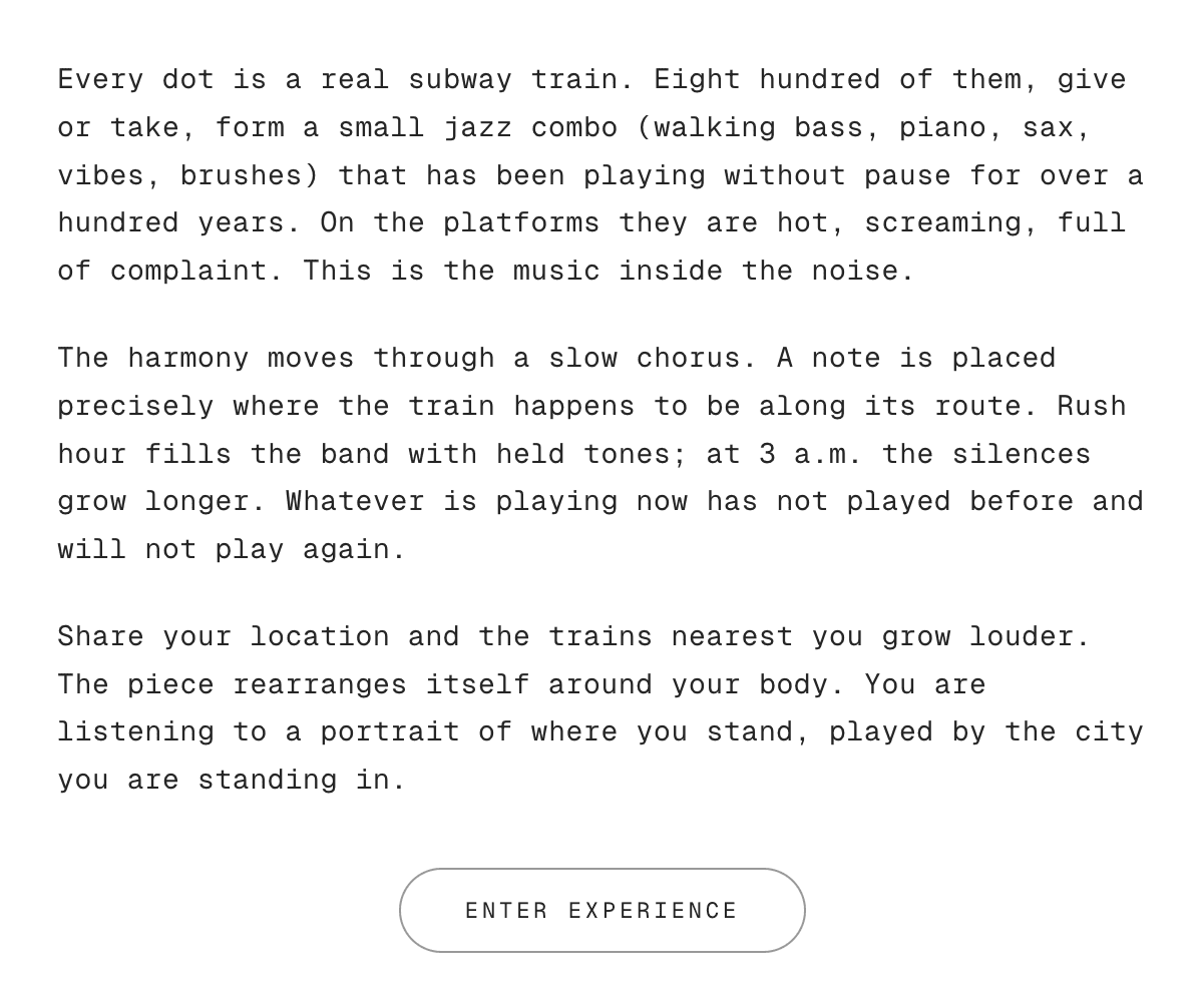 The Train Jazz intro screen describing how about eight hundred real subway trains form a jazz combo.