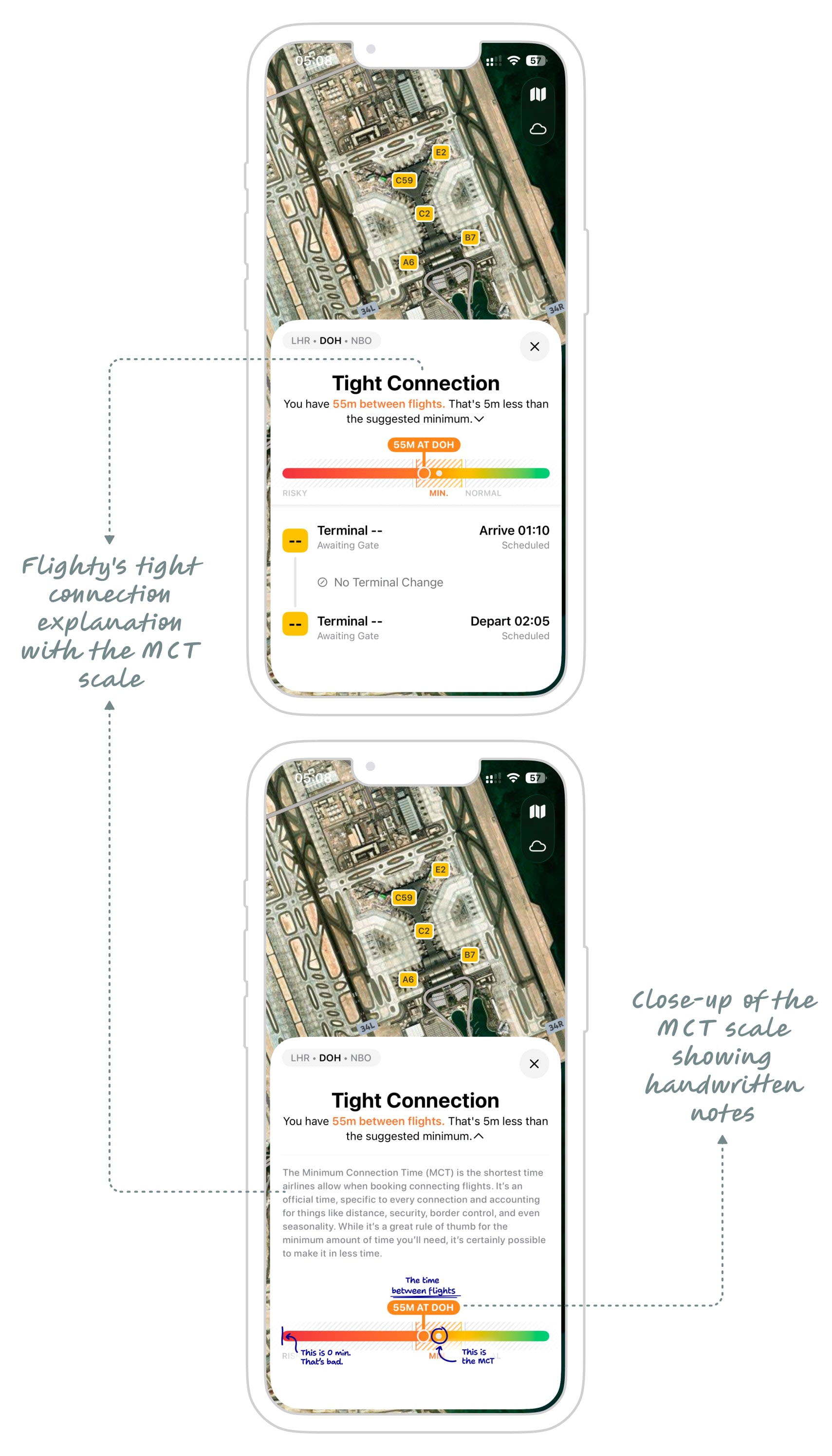 Flighty's tight connection explanation with the MCT scale and handwritten notes
