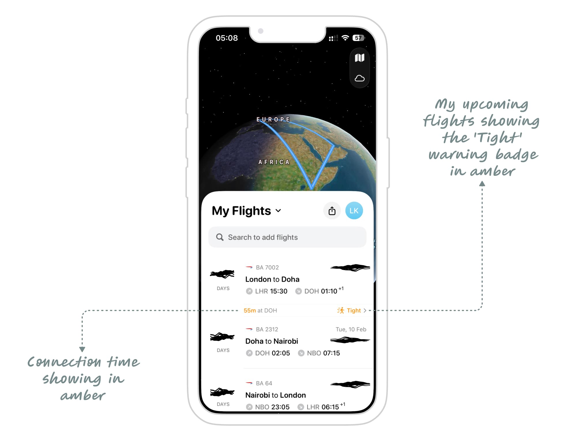 My upcoming flights showing the 'Tight' warning badge in amber
