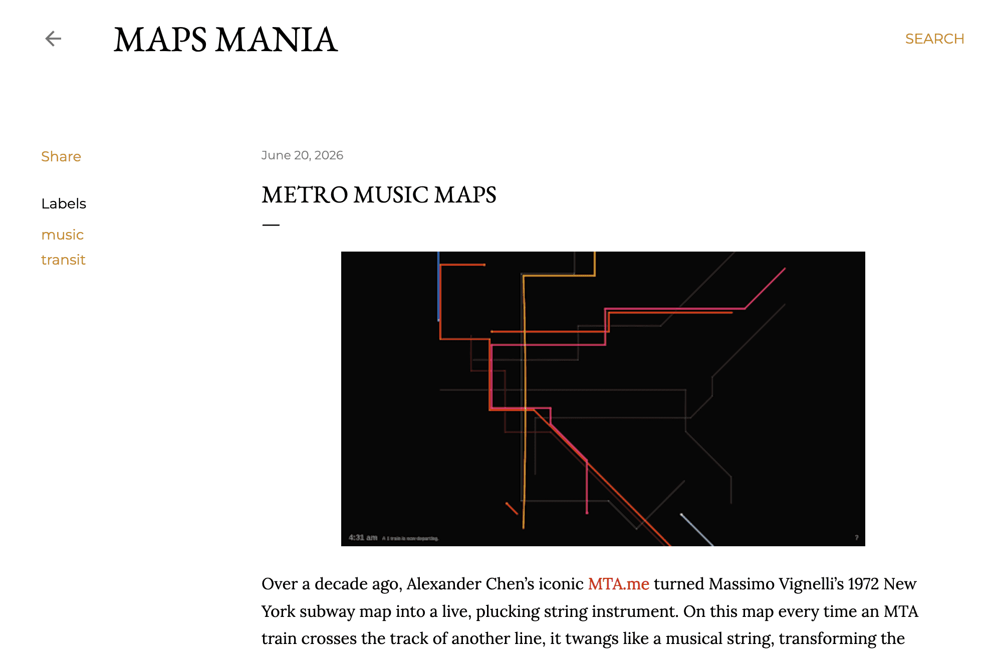 The Maps Mania blog post 'Metro Music Maps', showing New York subway lines glowing like coloured strings on a black background.