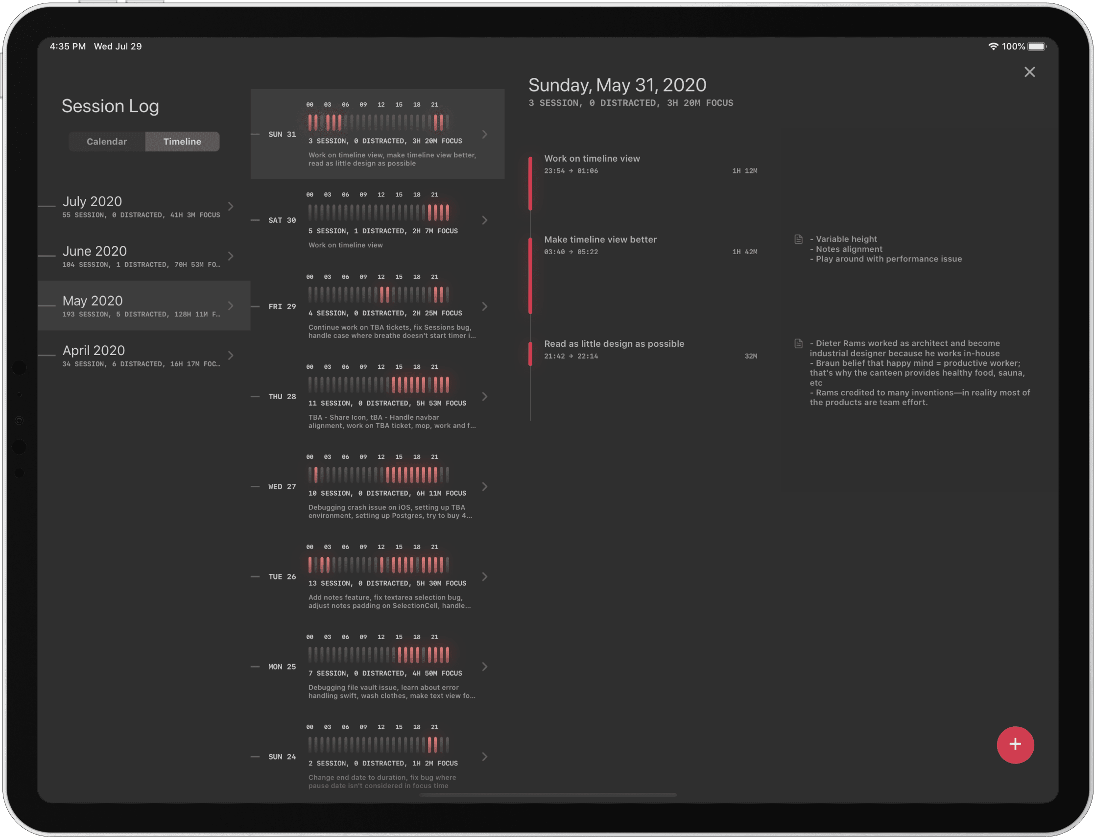 Session focus timer interface