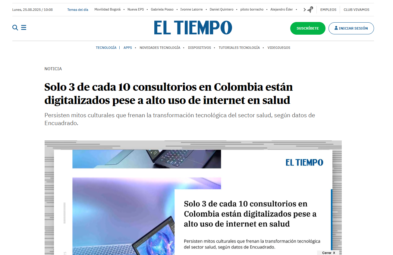 Solo 3 de cada 10 consultorios en Colombia están digitalizados pese a alto uso de internet en salud