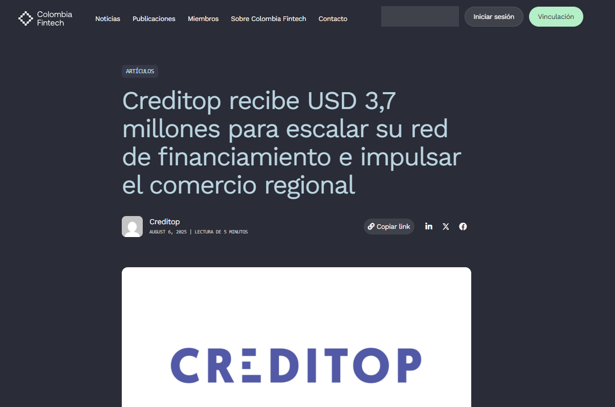 Creditop recibe USD 3,7 millones para escalar su red de financiamiento e impulsar el comercio regional