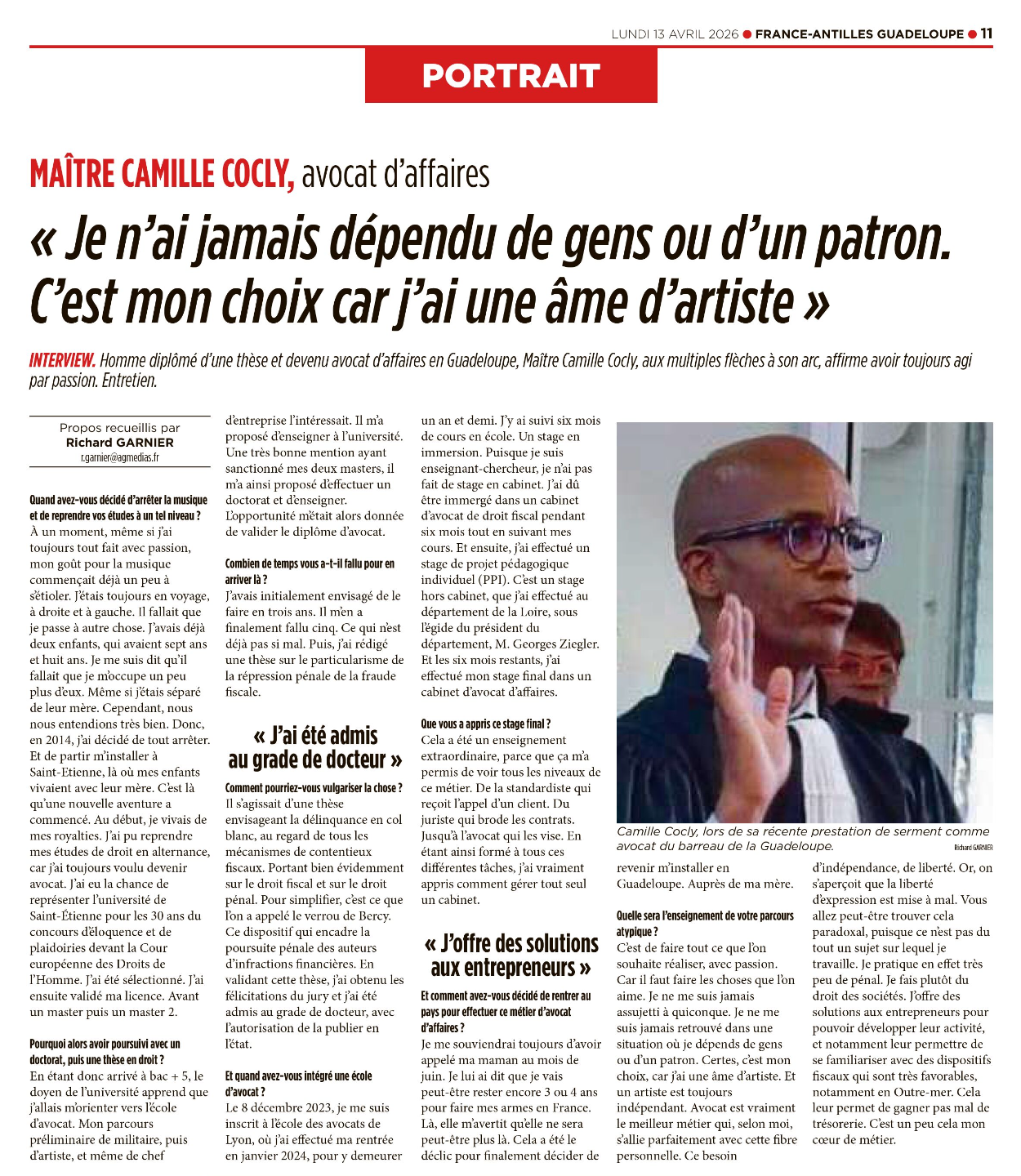 Article France-Antilles — L'extraordinaire parcours du militaire devenu chanteur, thésard puis avocat (partie 2)
