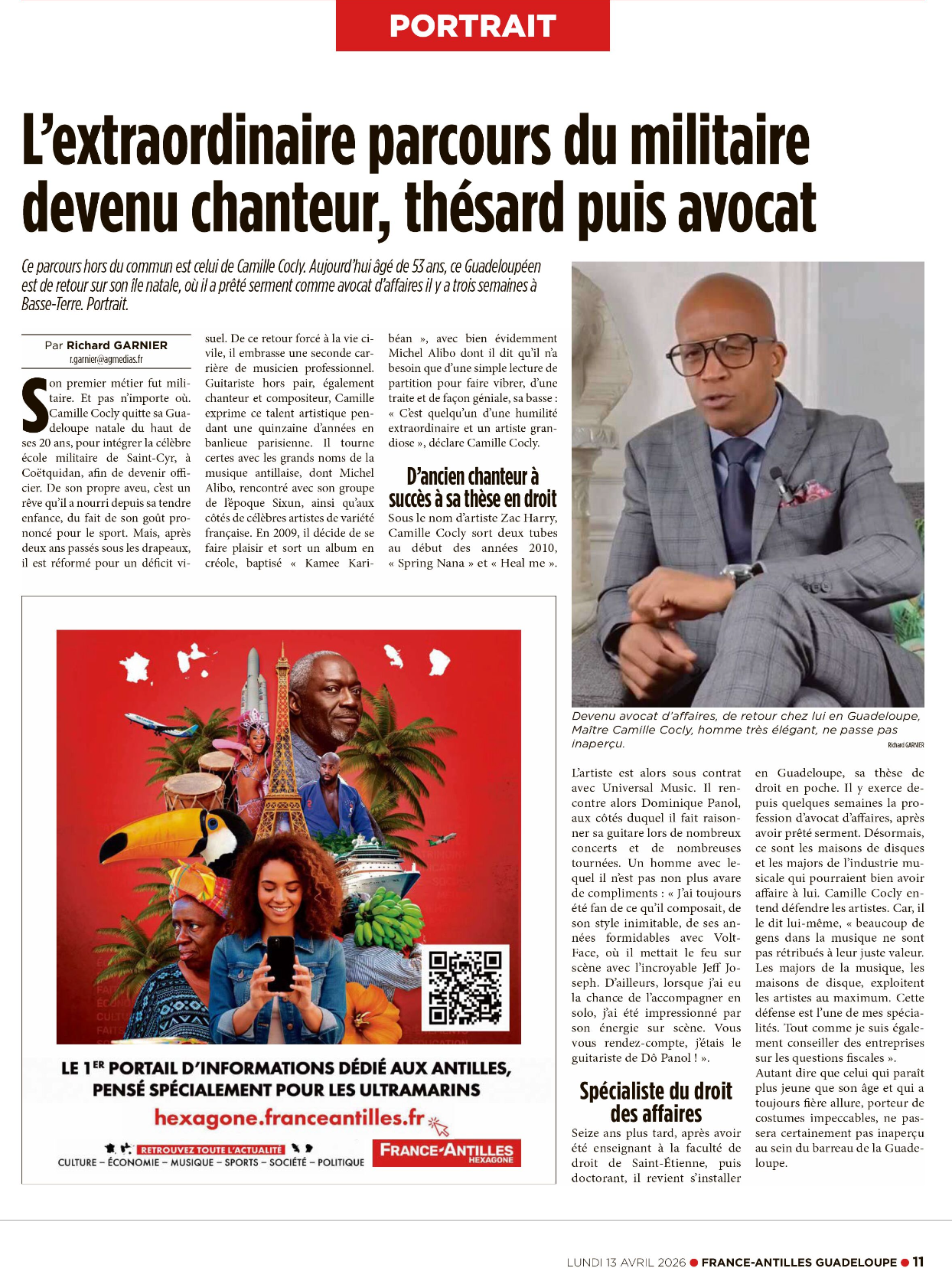 Article France-Antilles — L'extraordinaire parcours du militaire devenu chanteur, thésard puis avocat (partie 1)