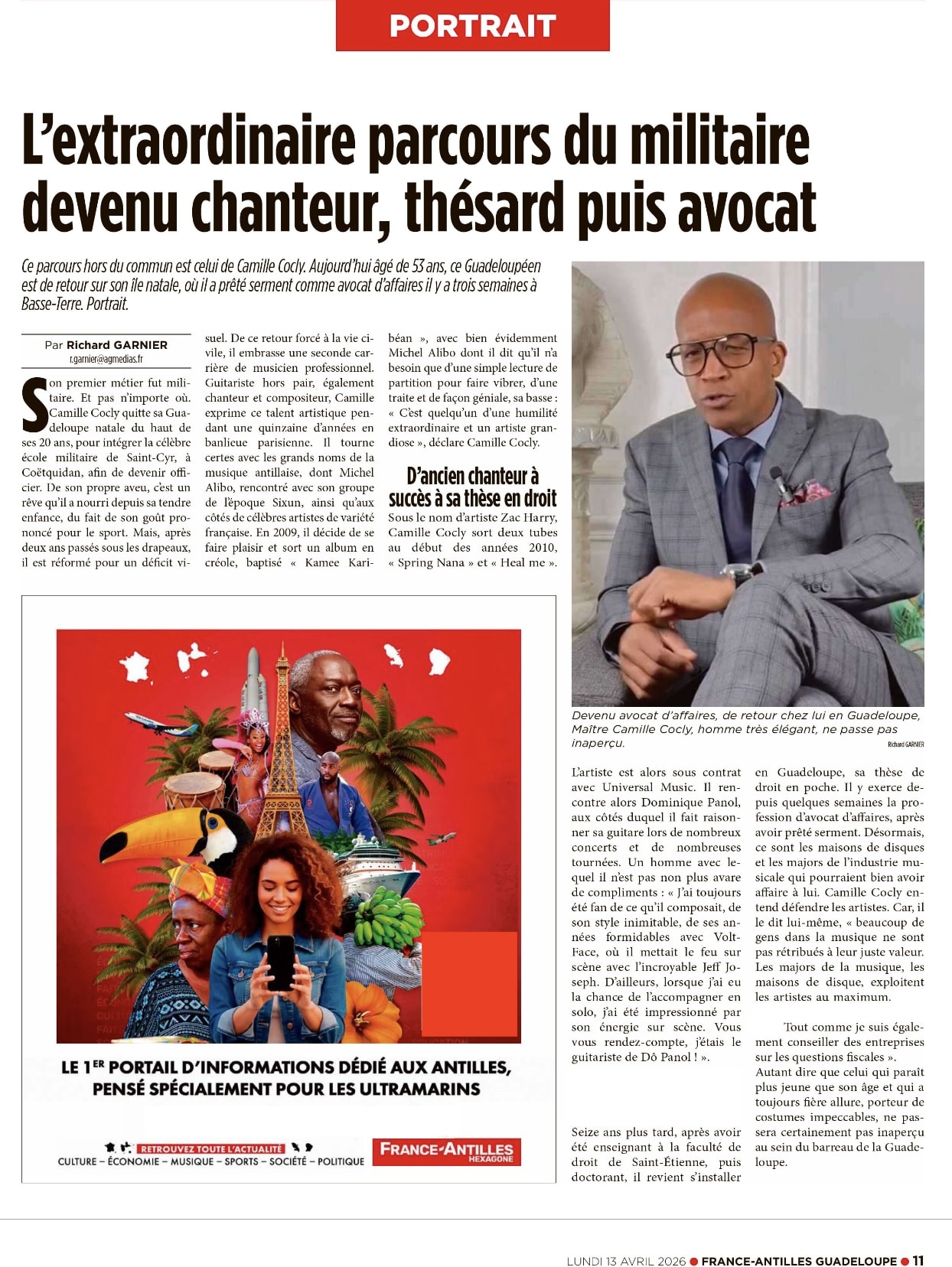 Article France-Antilles — L'extraordinaire parcours du militaire devenu chanteur, thésard puis avocat (partie 1)