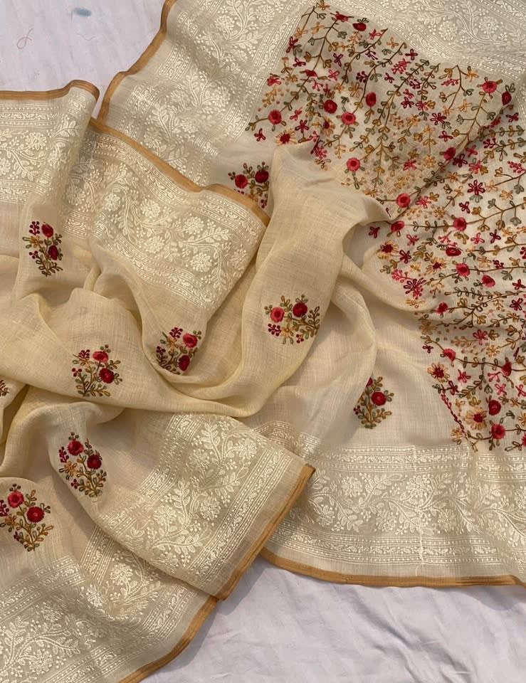 Knot Stitch Saree in Ivory