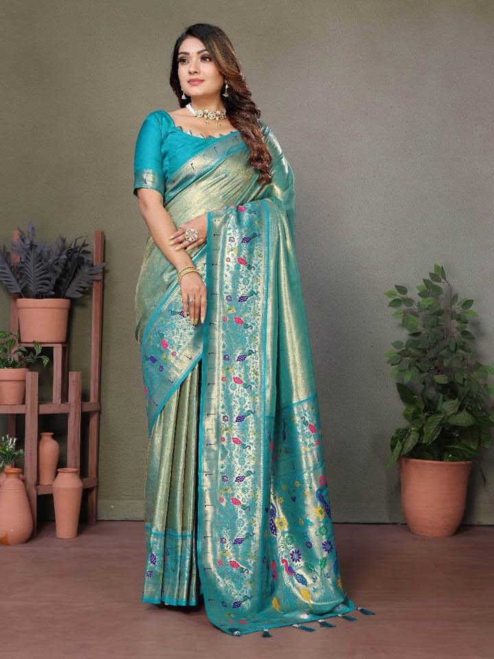 Silk Saree with Ready Blouse in Teal