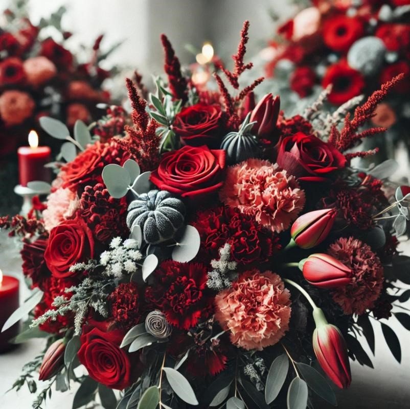 Elegant monochromatic January wedding setup featuring white roses, snowy table linens, and layered white floral arrangements, showcasing 2025 winter wedding color trends.