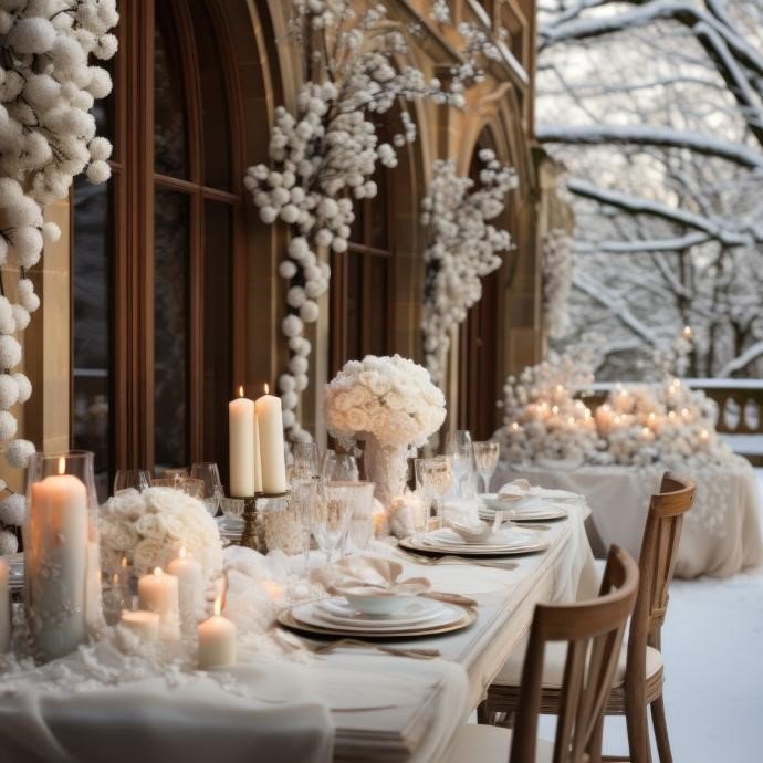 Elegant winter-inspired wedding decor with soft white florals, greenery, and candlelit centerpieces, perfect for January weddings in 2025.