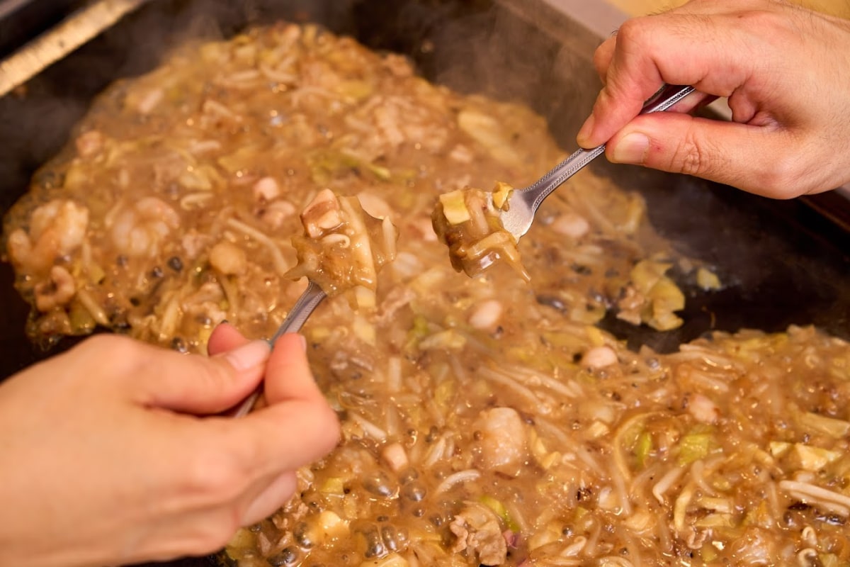 A plate of monjayaki from Okonomiyaki Osakaya Gold in Tokyo, Japan.