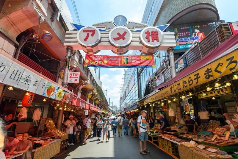 Street in Ameya Yokocho with many food stalls and shops