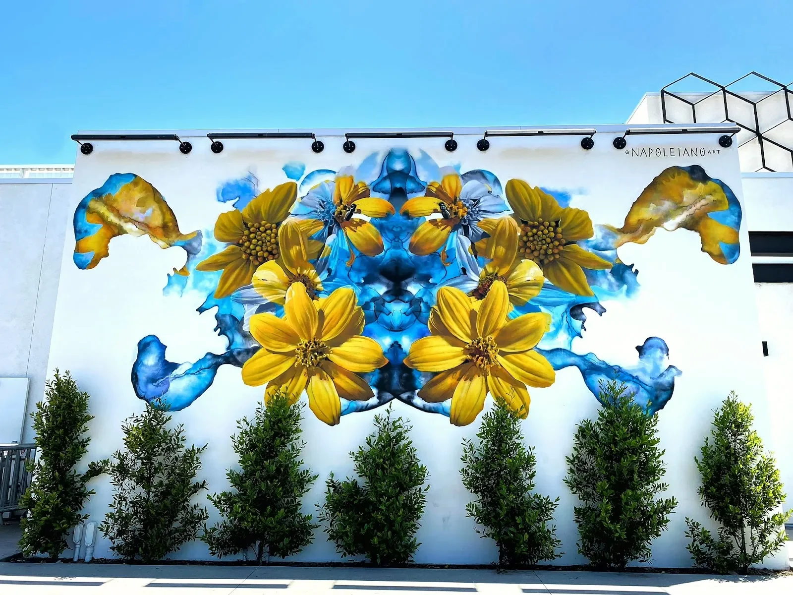 Symmetrical Blue and Yellow Floral Mandala Mural in Charlotte, NC