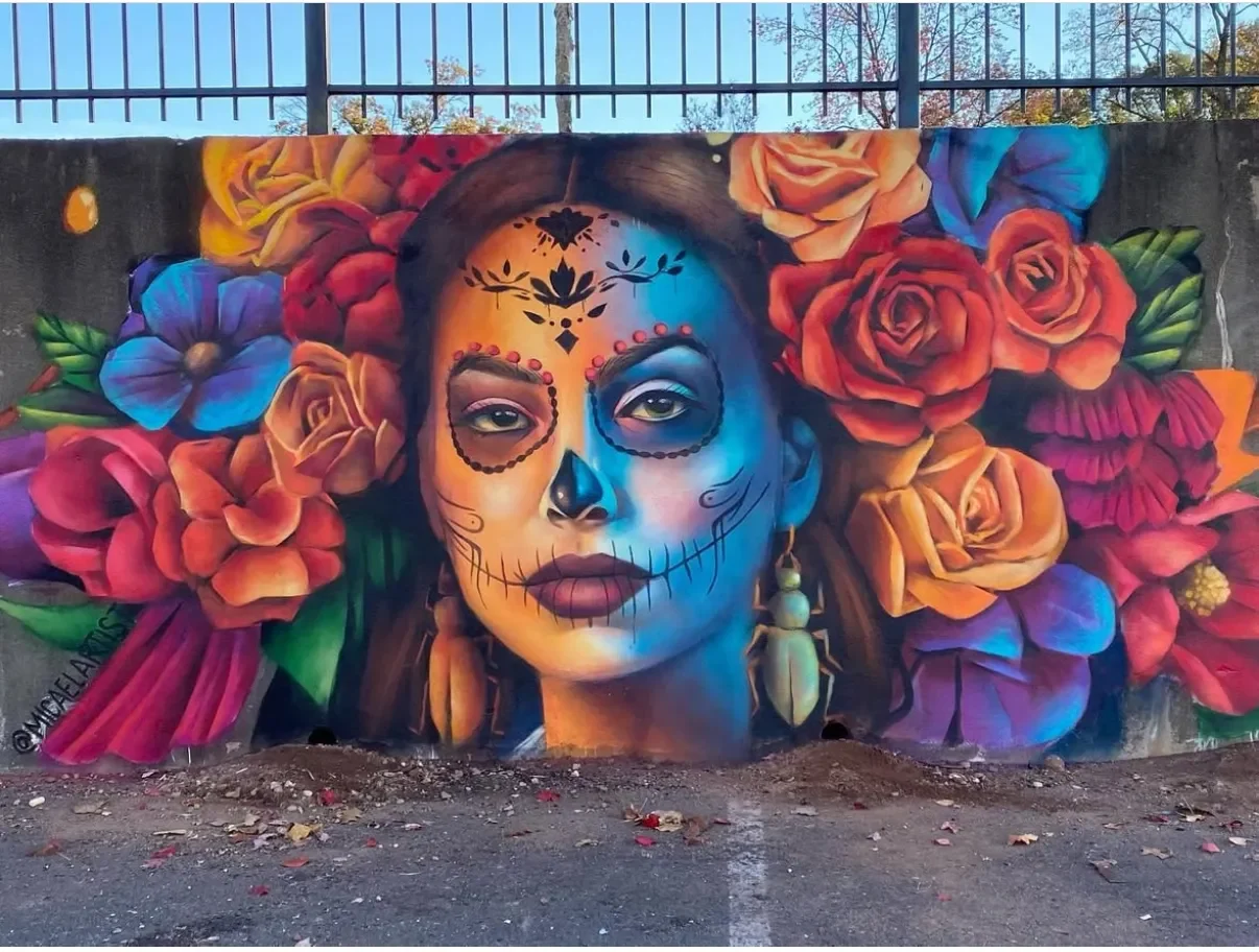 Skull Face Portrait Surrounded by Roses Mural in Stamford, CT