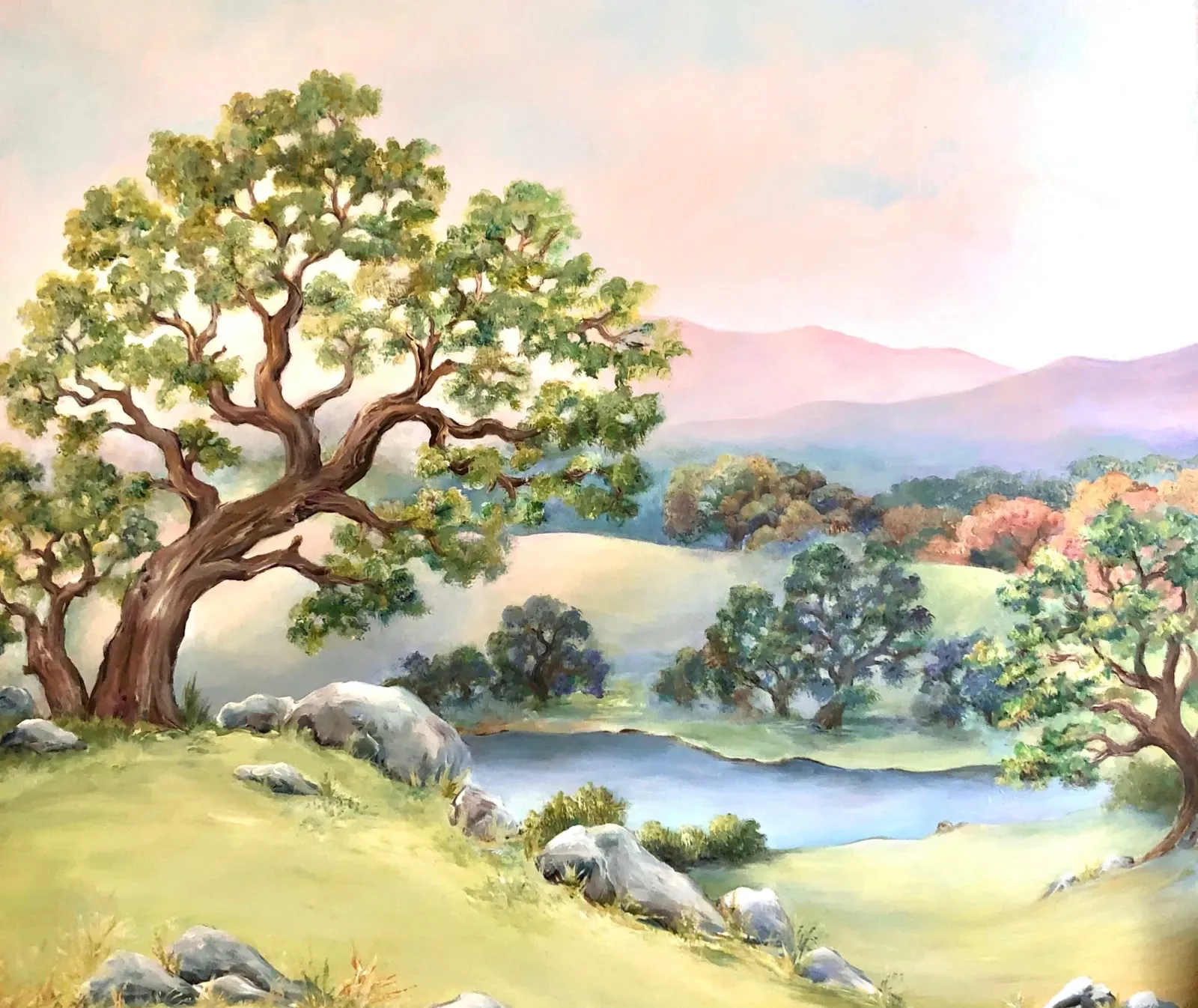 Ancient Oak Overlooking Misty Valley Lake Mural in Sunnyvale, CA
