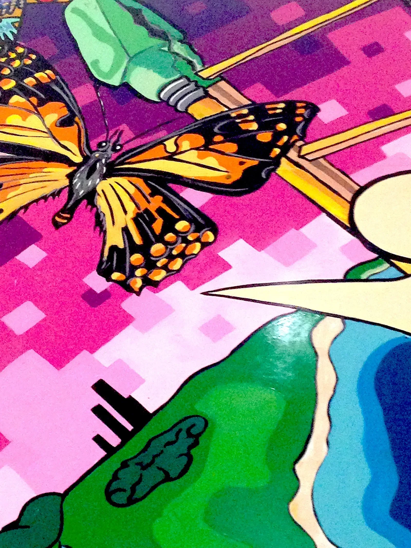 Monarch Butterflies Over Pixelated Landscape Mural in Bridgeport, CT