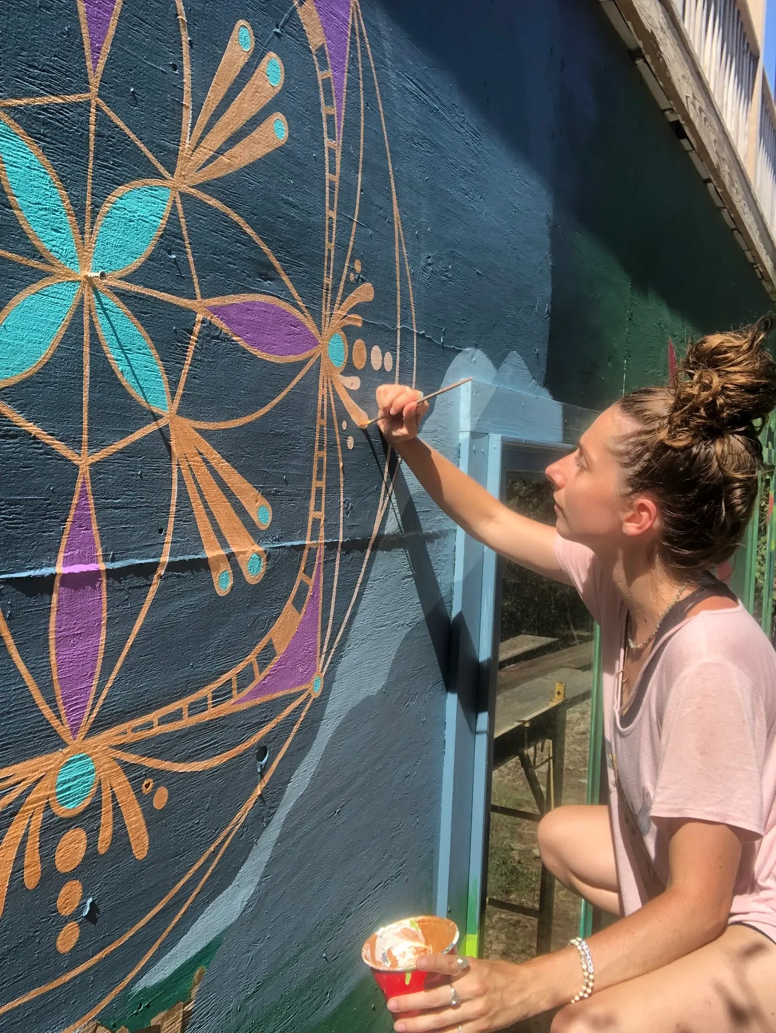 Geometric Flowers with Turquoise and Purple Petals Mural in New Haven, CT
