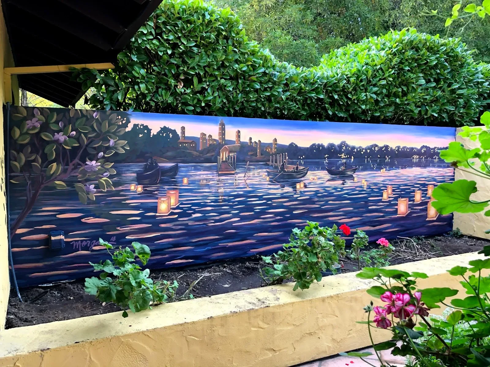 Venetian Waterway at Twilight with Floating Lanterns Mural in Fremont, CA