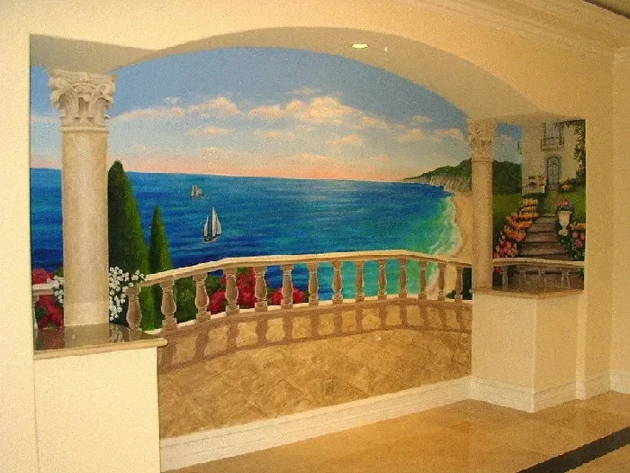Mediterranean Terrace Overlooking Sailboat Waters Mural in Huntington Beach, CA