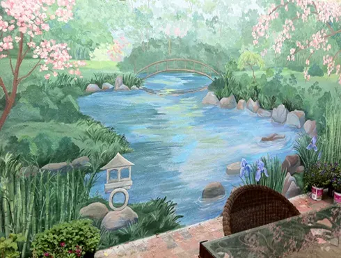 Tranquil Garden Stream with Cherry Blossoms Mural in Alexandria, VA