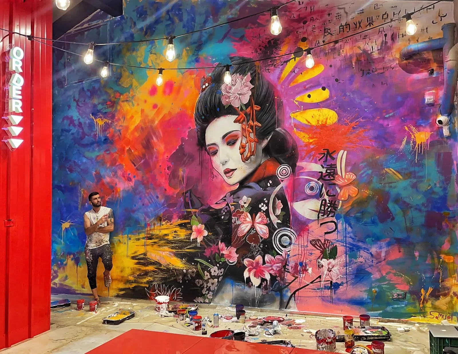 Geisha With Flowers and Flying Fish Mural in Lancaster, CA