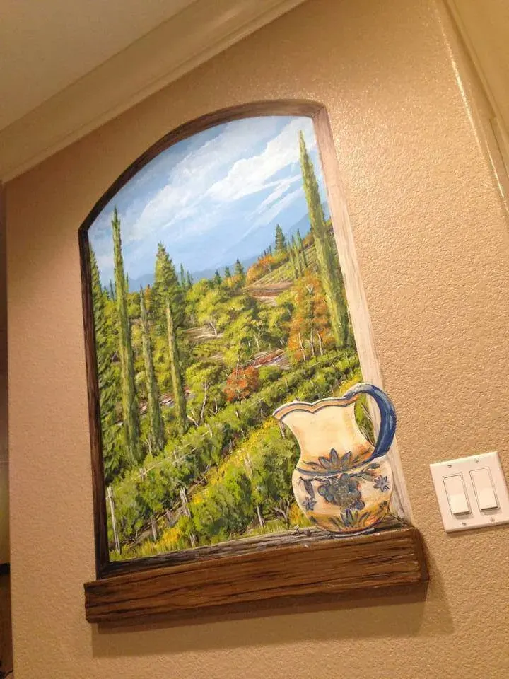 Tuscan Hillside Vineyard Through Window Mural in Roseville, CA
