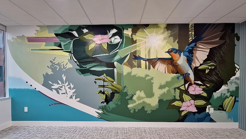 Hummingbirds and Flowering Vines in Flight Mural in Danville, CA
