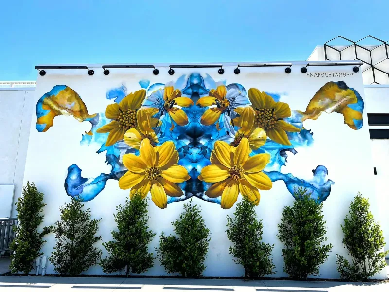 Symmetrical Blue and Yellow Floral Mandala Mural in Charlotte, NC in Charlotte