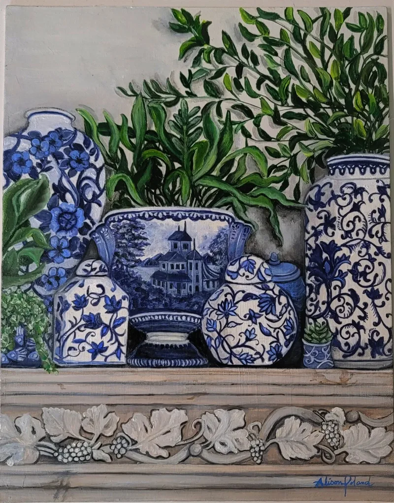 Blue Willow Pottery with Lush Garden Foliage Mural in Springfield, MO