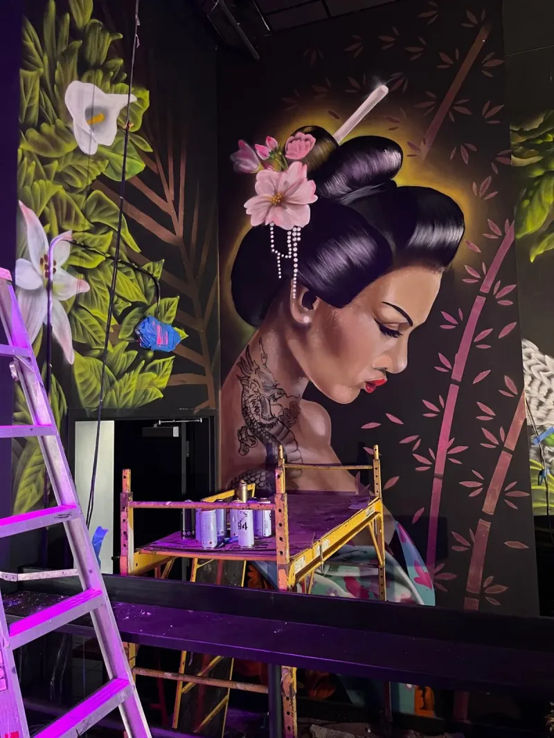 Portrait of Woman with Floral Crown and Botanical Garden Mural in Pembroke Pines, FL