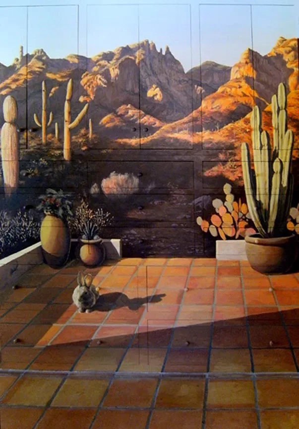 Desert Courtyard with Saguaro Cacti and Mountains Mural in Tucson, AZ