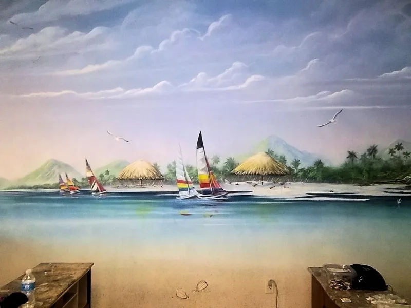 Tropical Island Sailboats and Volcanic Peaks Mural in Albuquerque, NM