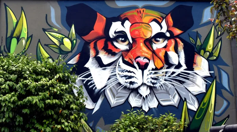Geometric Tiger with Tropical Foliage Mural in Renton, WA