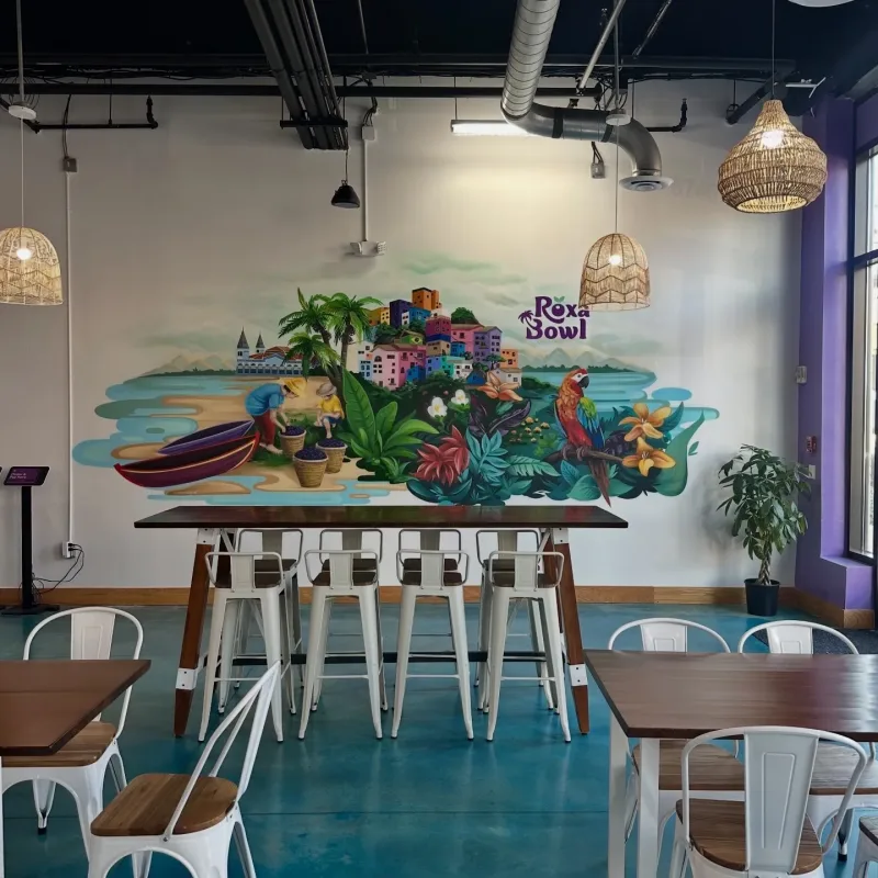 Tropical Island Paradise with Colorful Coastal Village Mural in Washington, DC