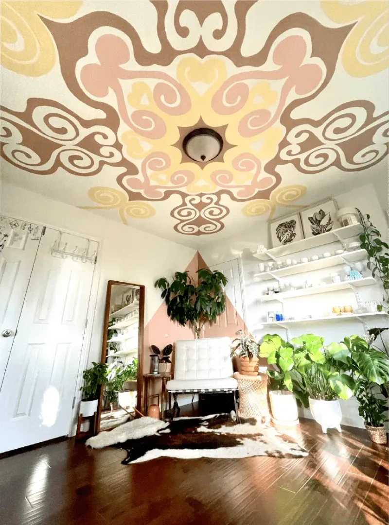 Ornamental Scrollwork Ceiling with Flourishing Petals Mural in Glendale, CA