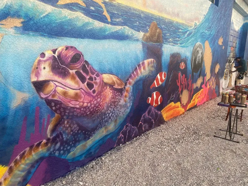Sea Turtle Swimming Through Coral Reef Mural in Cape Coral, FL