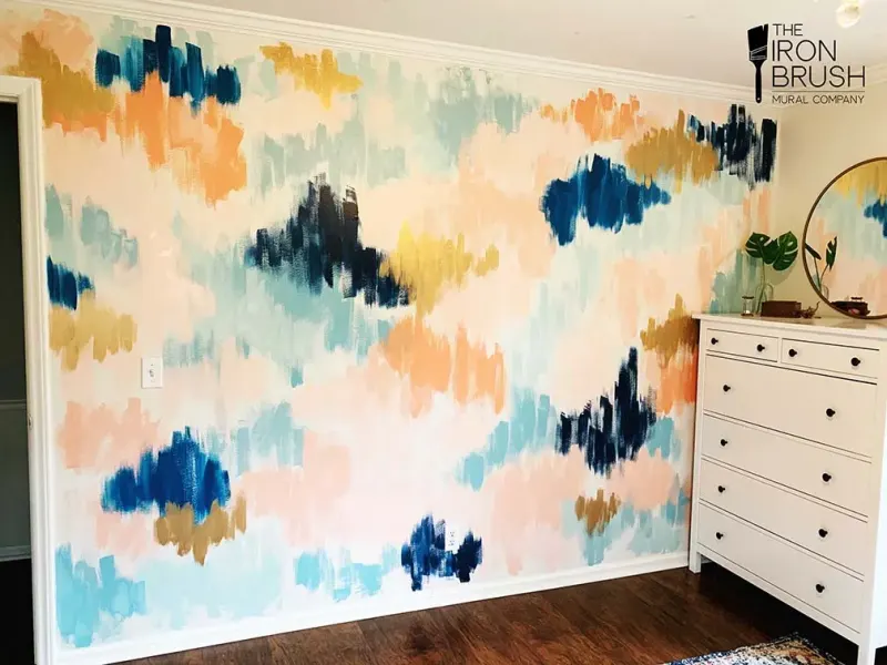 Abstract Watercolor Brushstrokes in Blue and Gold Mural in Murfreesboro, TN