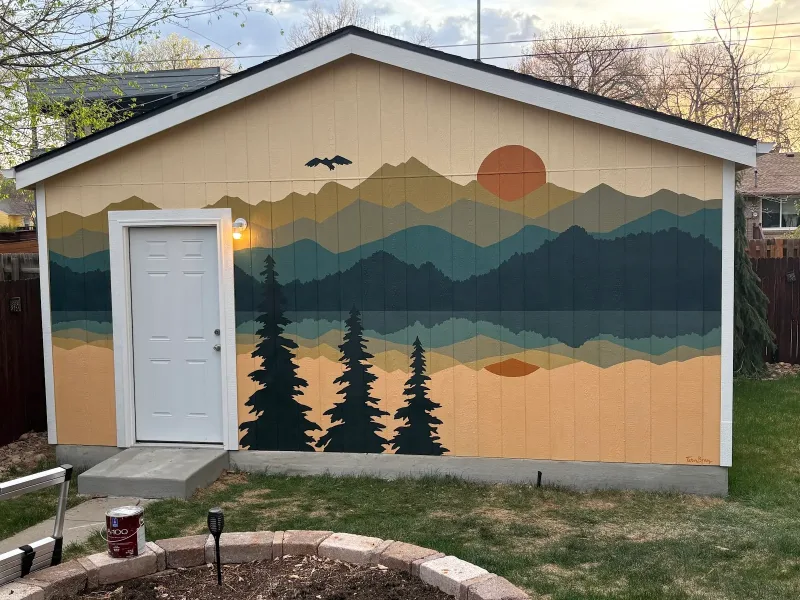 Layered Mountain Landscape with Rising Sun Mural in Pueblo, CO