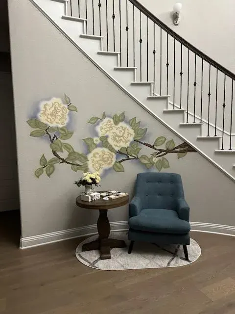 Cream Roses on Leafy Branch Mural in Frisco, TX