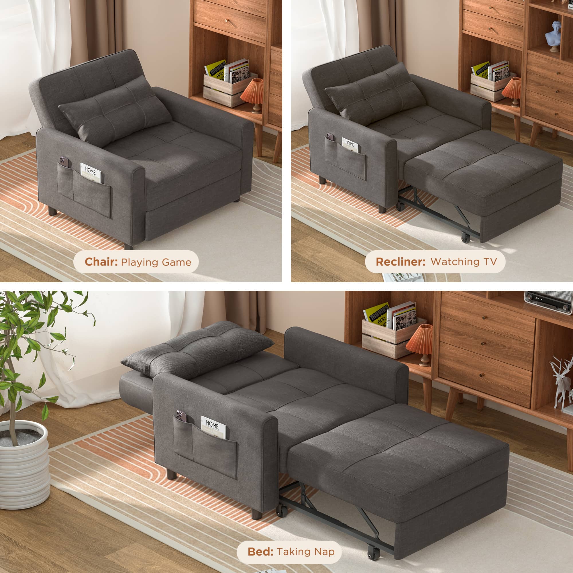 Convertible Chair Bed 3 in 1, Lofka Sleeper Sofa Bed with Adjustable  Backrest for Office & Bedroom, Dark Gray