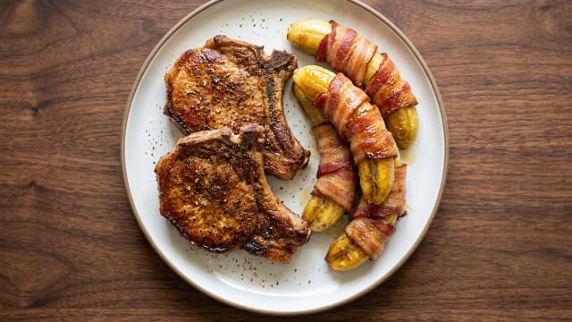 Antiguan Pork Chops with Bacon-Wrapped Banana