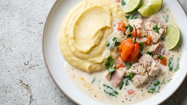 Hudut with Seré (Mashed Plantain with Coconut Fish Stew)