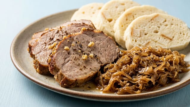 Vepřo Knedlo Zelo (Roast Pork, Bread Dumplings, and Sauerkraut)
