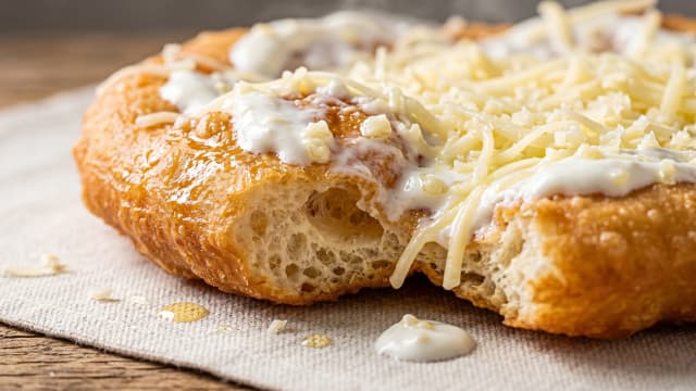 Lángos (Fried Flatbread with Garlic Sour Cream)
