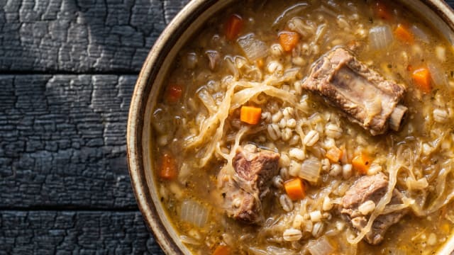 Skābu Kāpostu Zupa (Sauerkraut, Pork, and Barley Soup)
